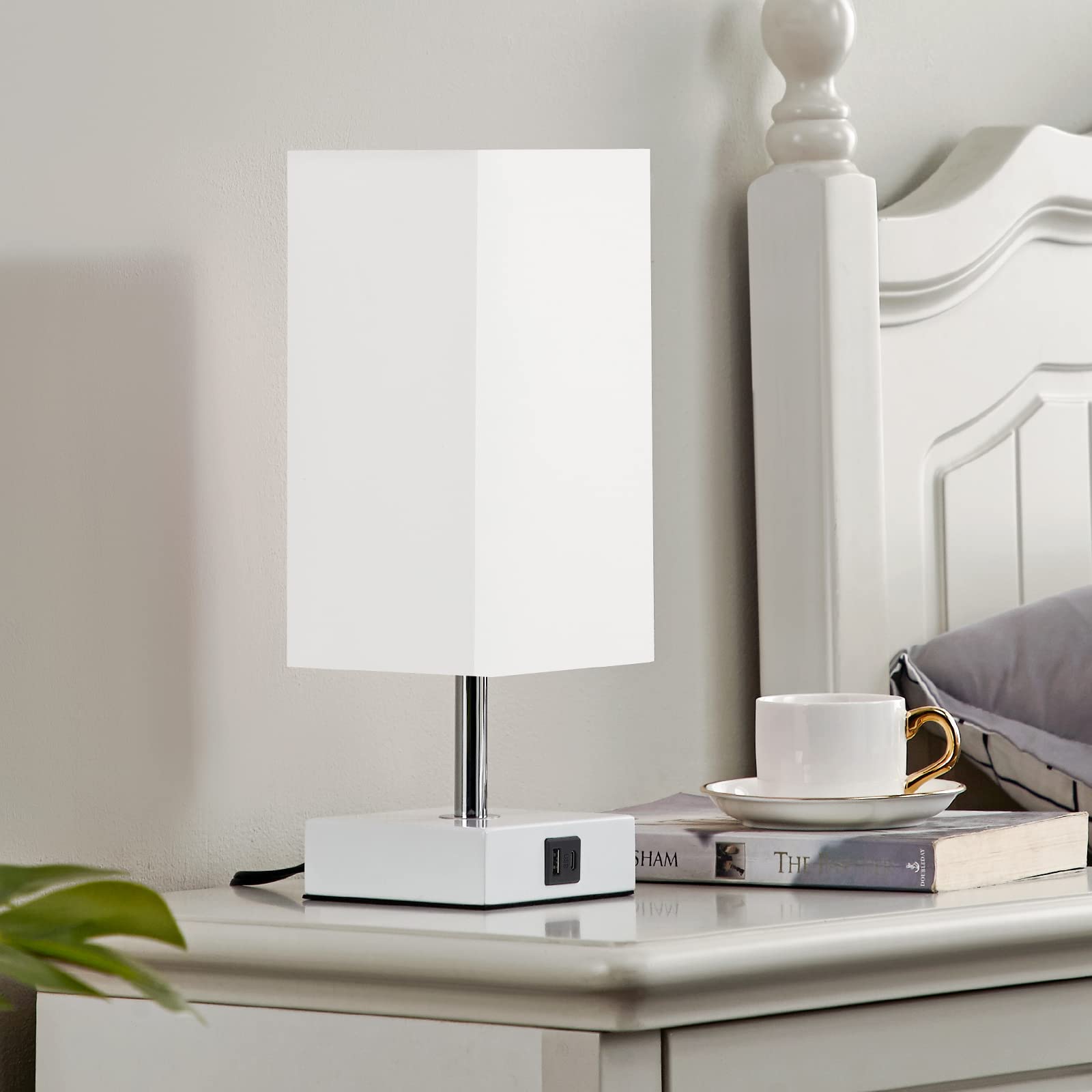 Ambimall Touch Besides White Table Lamp with USB Ports - 3 Way Touch Lamps Beside Desk, Nightstand Lamp for Bedrooms Living Room, LED Bulb Included(White Lampshade)