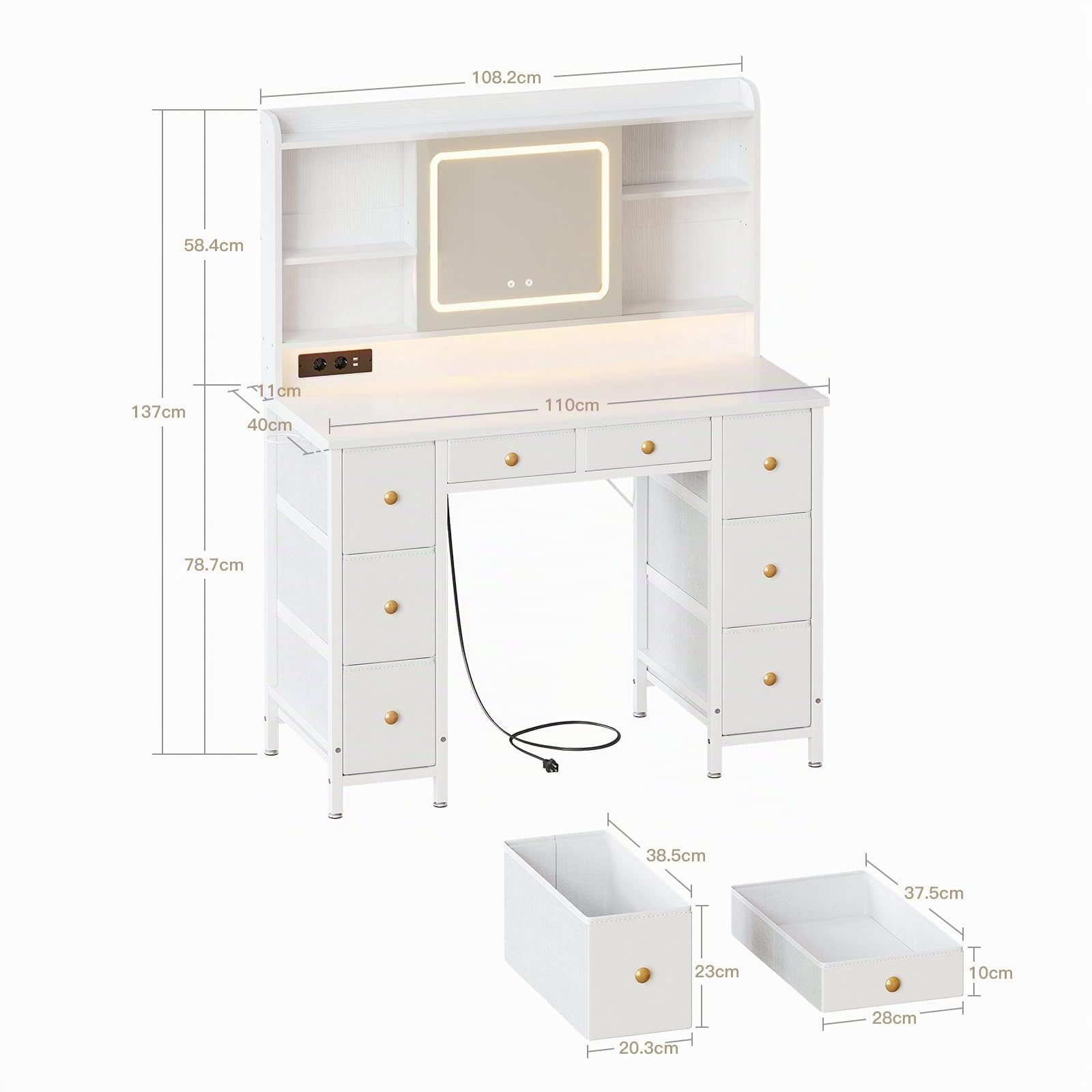 ODK Toeletta con Specchio LED Mobile, Tavolo da Toeletta con Prese | USB Incorporate & Striscia luminosa RGB, Tavolo da Trucco con 8 Cassetti, Scrivania da Trucco Bianca 110×40×137cm