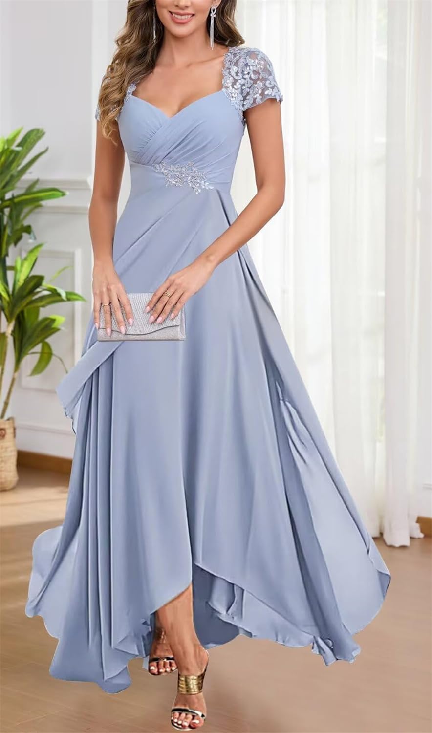 KIYNE Abito da donna con maniche ad aletta e scollo a V, in chiffon, per madre della sposa, abito lungo plissettato increspato da sera formale