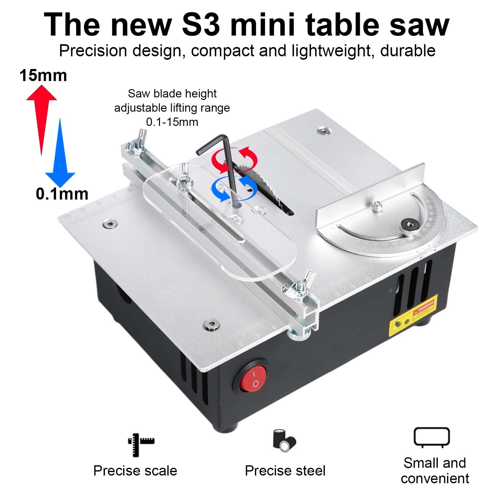 Mini stołowa pilarka tarczowa do obróbki drewna, przenośna, precyzyjna stołowa piła tarczowa z 7-biegowym zasilaczem, regulowana wysokość brzeszczot piły Table Saw 0,1-15 mm, ułatwienie pracy dla