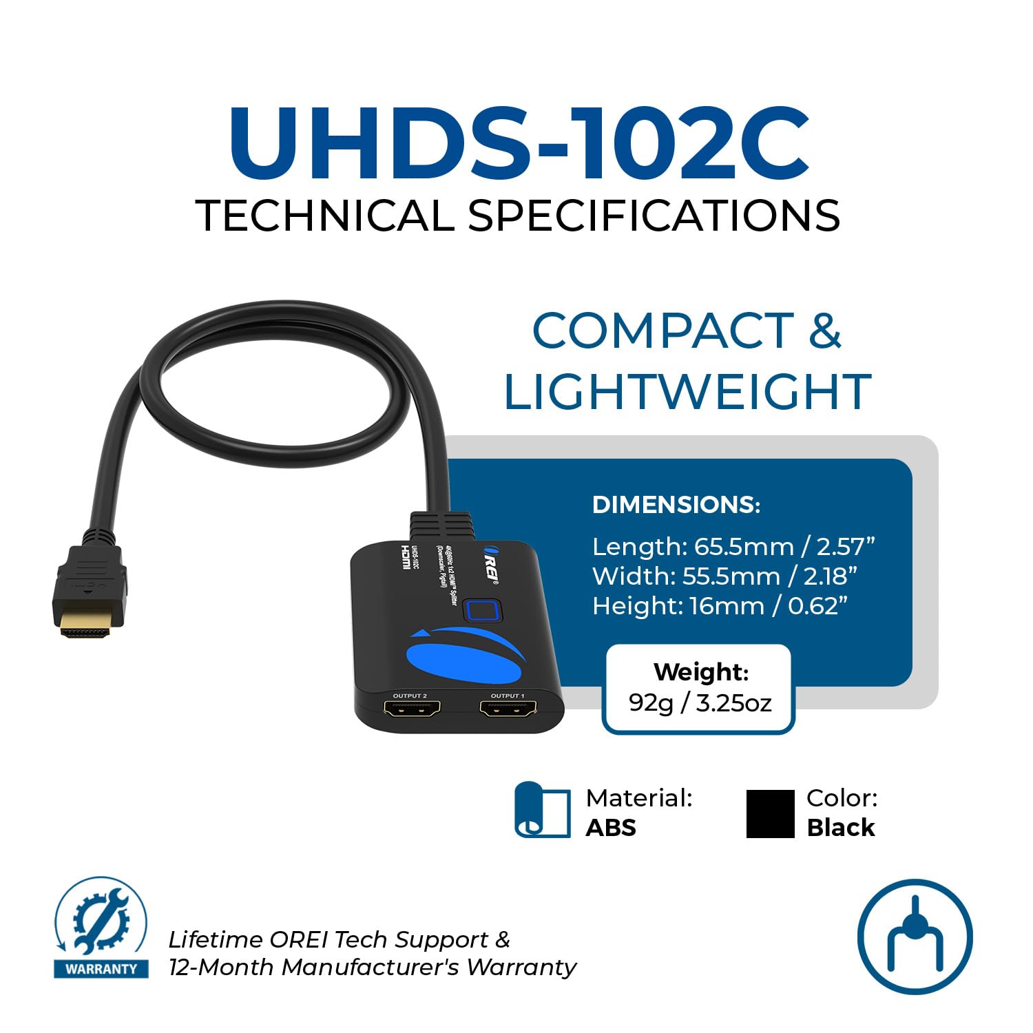OREI Répartiteur HDMI 4K 1 entrée 2 sorties 4:4 8 bits - Boitier HDMI 2.0, HDCP 2.2, 18 Gbit/s, 4K @ 60Hz HDMI Duplicateur/distributeur UltaHD haute résolution 1x2 (UHDS-102C)
