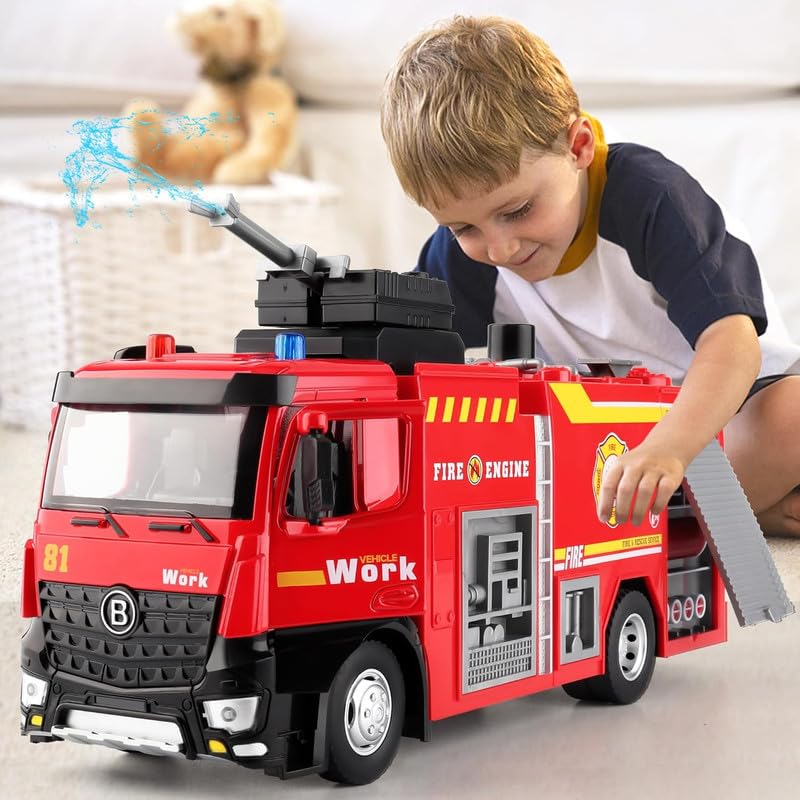 Image of ANTALYA New Play Fire Truck Toy with Metal Cab Fire Rescue Vehicle with Shooting Water Lights and Sounds Toy Truck for Kids (Red)