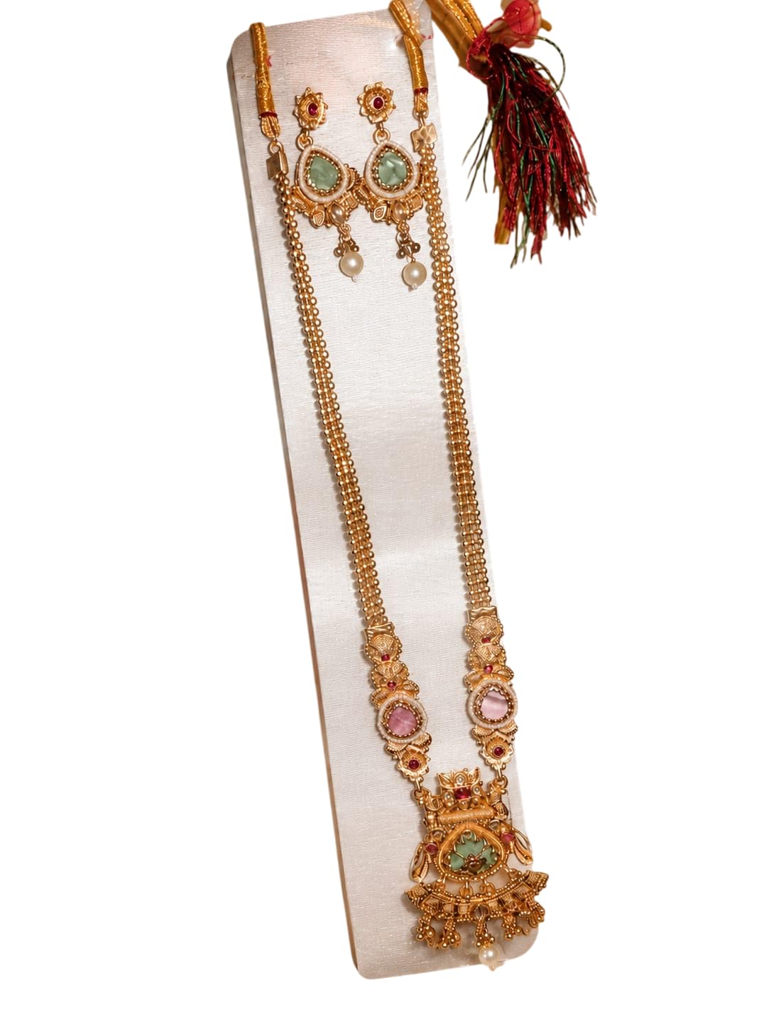 Gold-Toned Long Haar Necklace Set with Earrings, Multi-Colour Stone, Traditional Indian Bridal Jewellery-image-49