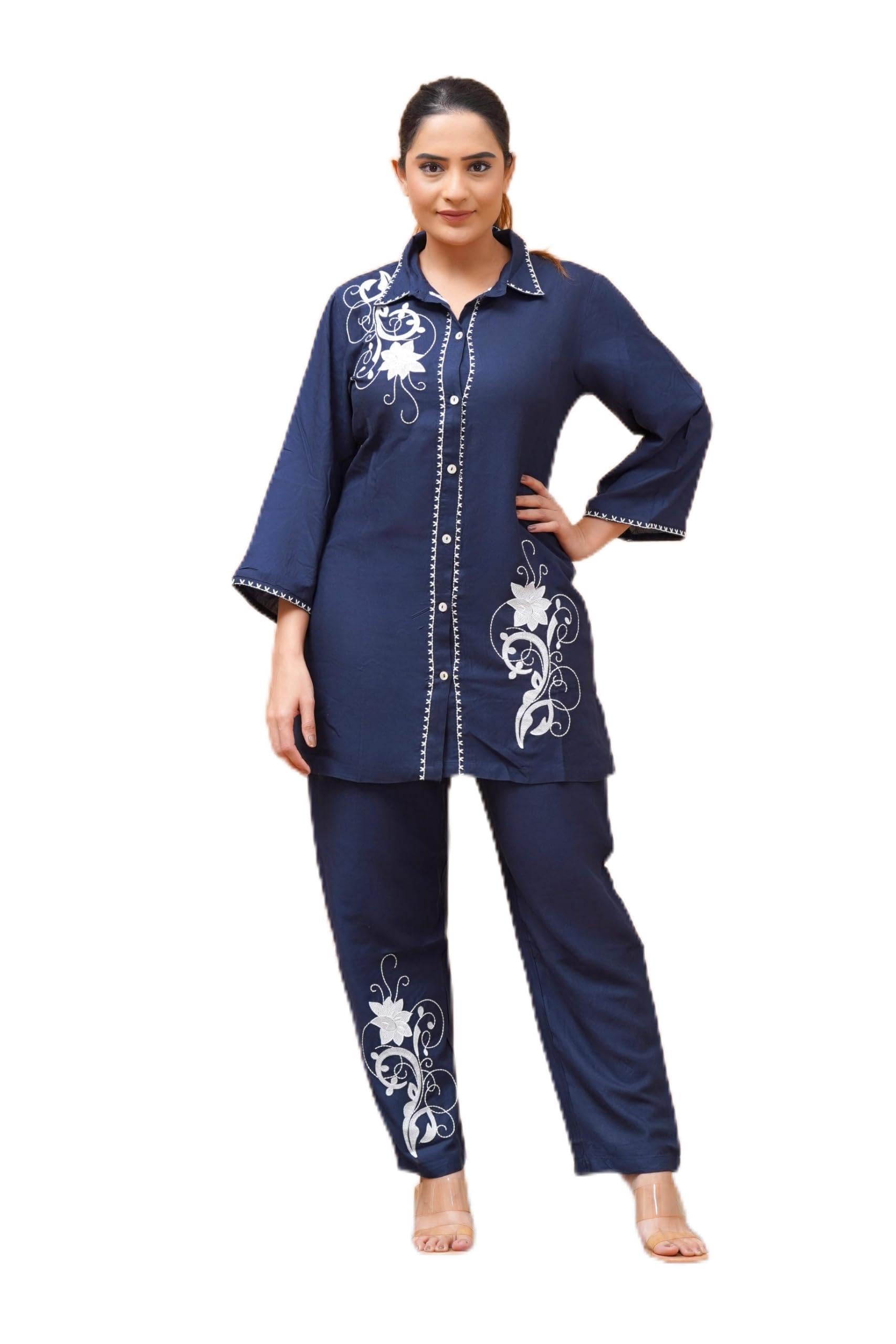 zolo label Navy Blue White Embroidered Co-ord Set-picture-49