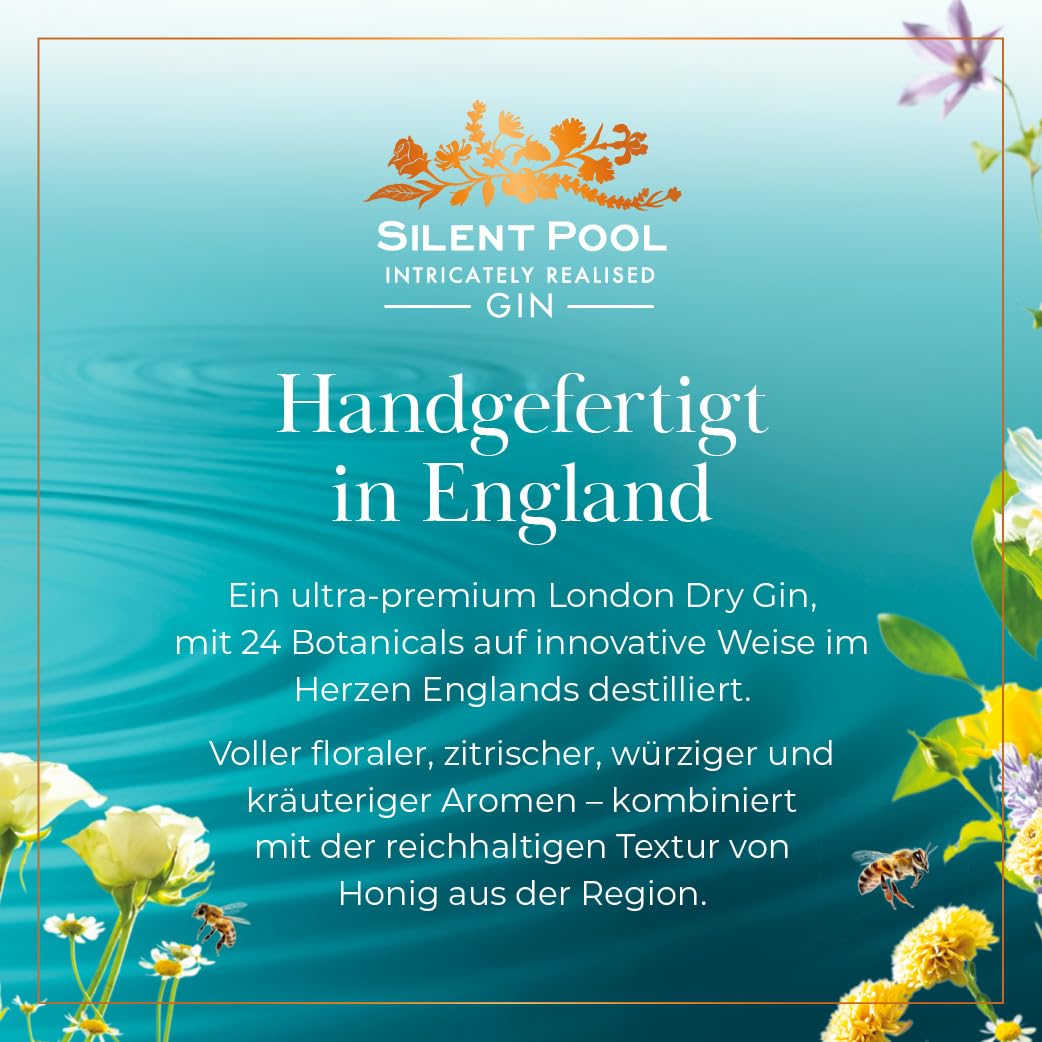 SILENT POOL - Ultra-Premium London Dry Gin – preisgekrönt, handgefertigt in England - Vielschichtig, duftend, ausgewogen - 24 Botanicals - Perfekt auf Eis - ideal als Geschenk - 43% vol., 70 cl.