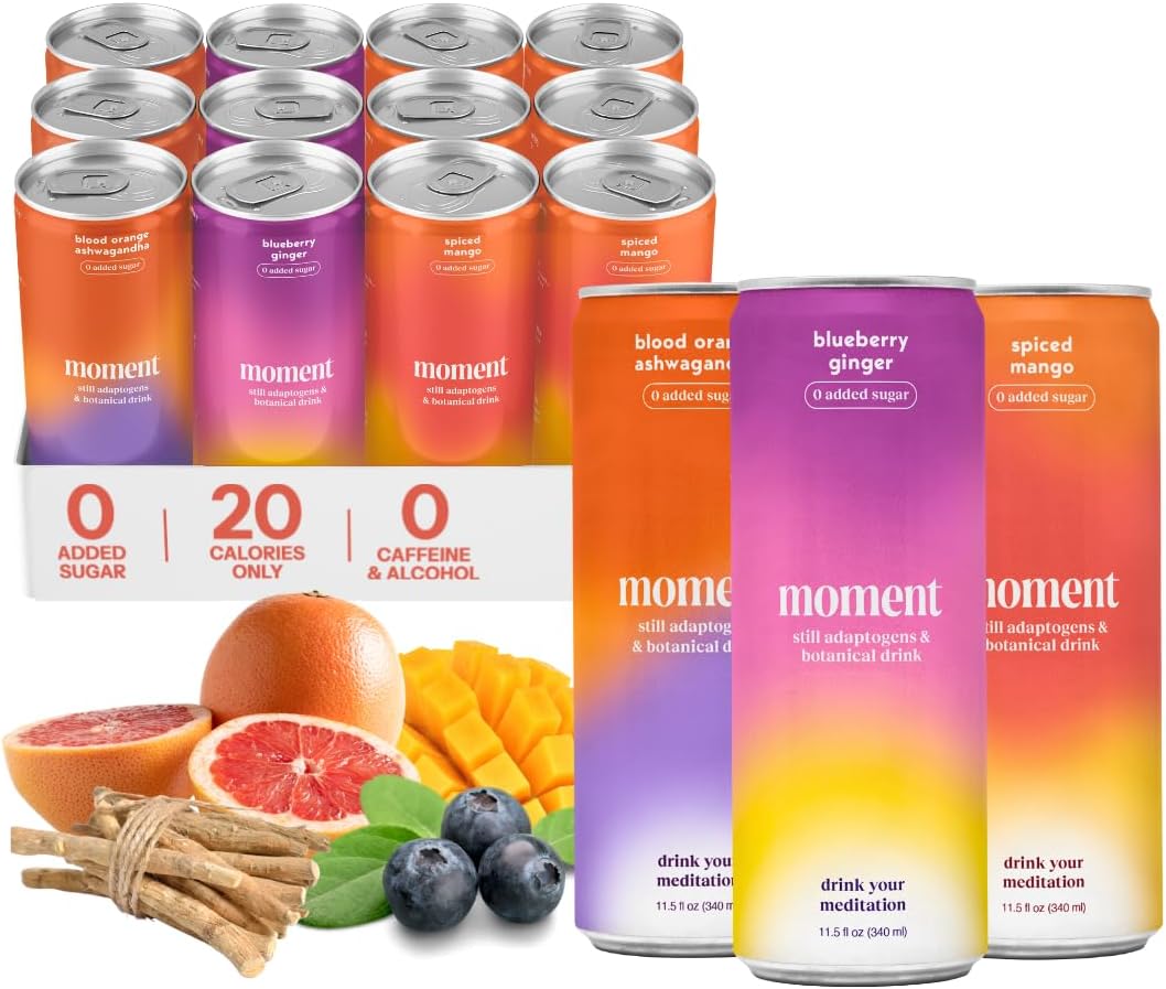 Moment Botanical Water STILL - Healthy & Natural: Hibiscus Dragon Fruit, Blood Orange, Lemon L-Theanine and Ashwagandha for Zen & Stress Relief. No Caffeine or Added Sugar. Keto. 24 Cans