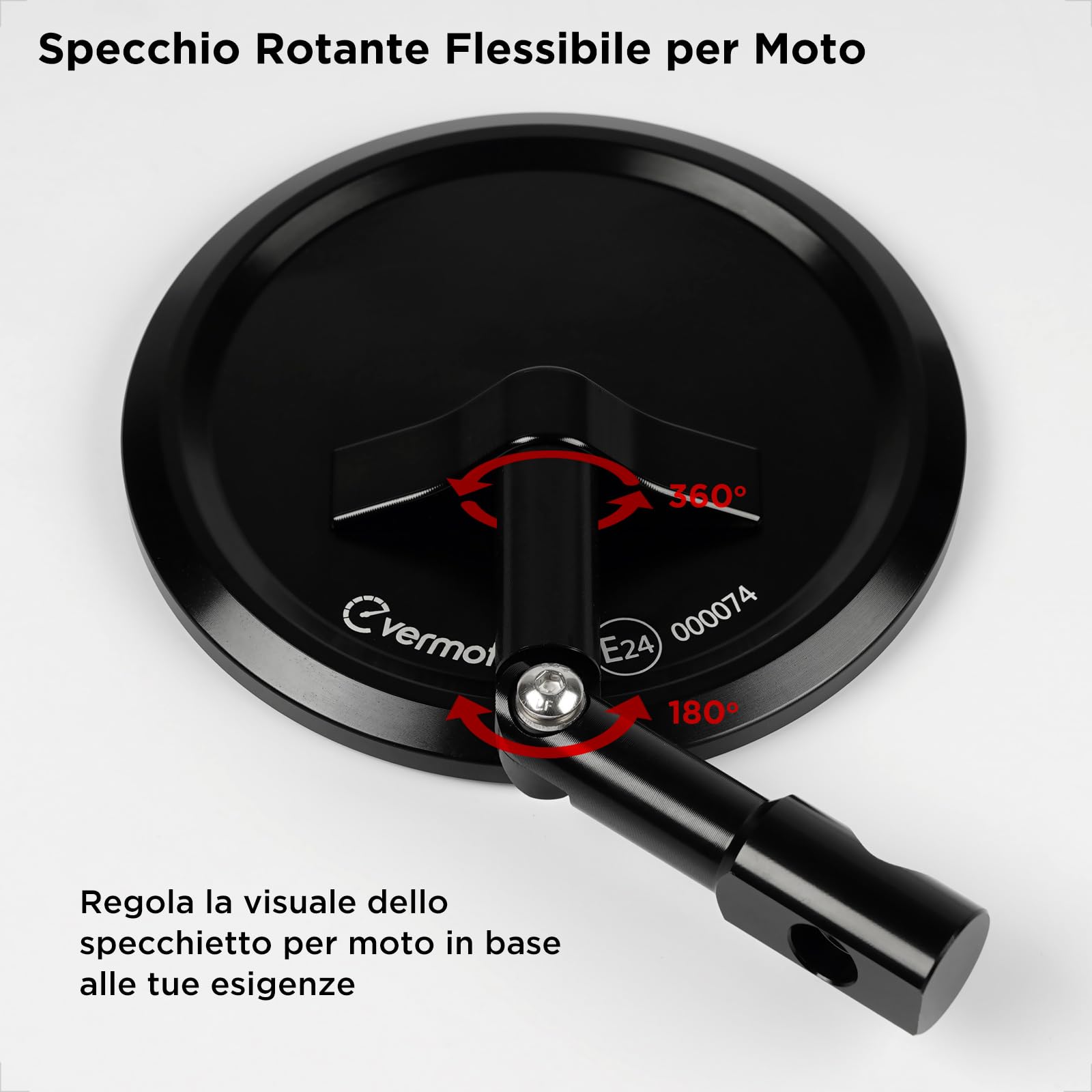 Evermotor Specchietto Moto, Omologazione E24, 360° Regolabile Specchietti Moto Manubrio, Alluminio, Rotondo per Scooter, ATV, Ciclomotori, 2 pz