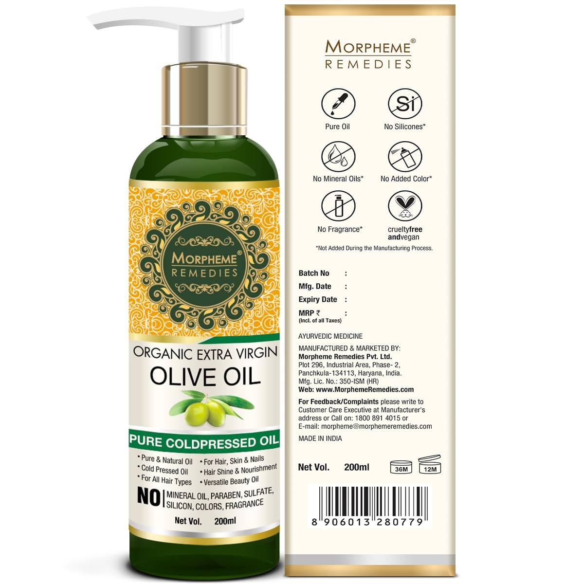 Morpheme Remedies Cold Pressed Organic Extra Virgin Olive Oil, 200ml