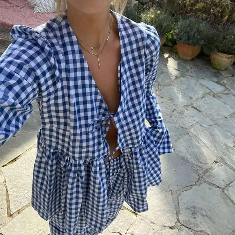 Image of Argeousgor Women Plaid 2 Piece Pajama Set Button Down Puff Sleeve Babydoll Shirt Gingham Pants Pj Lounge Set Sleepwear
