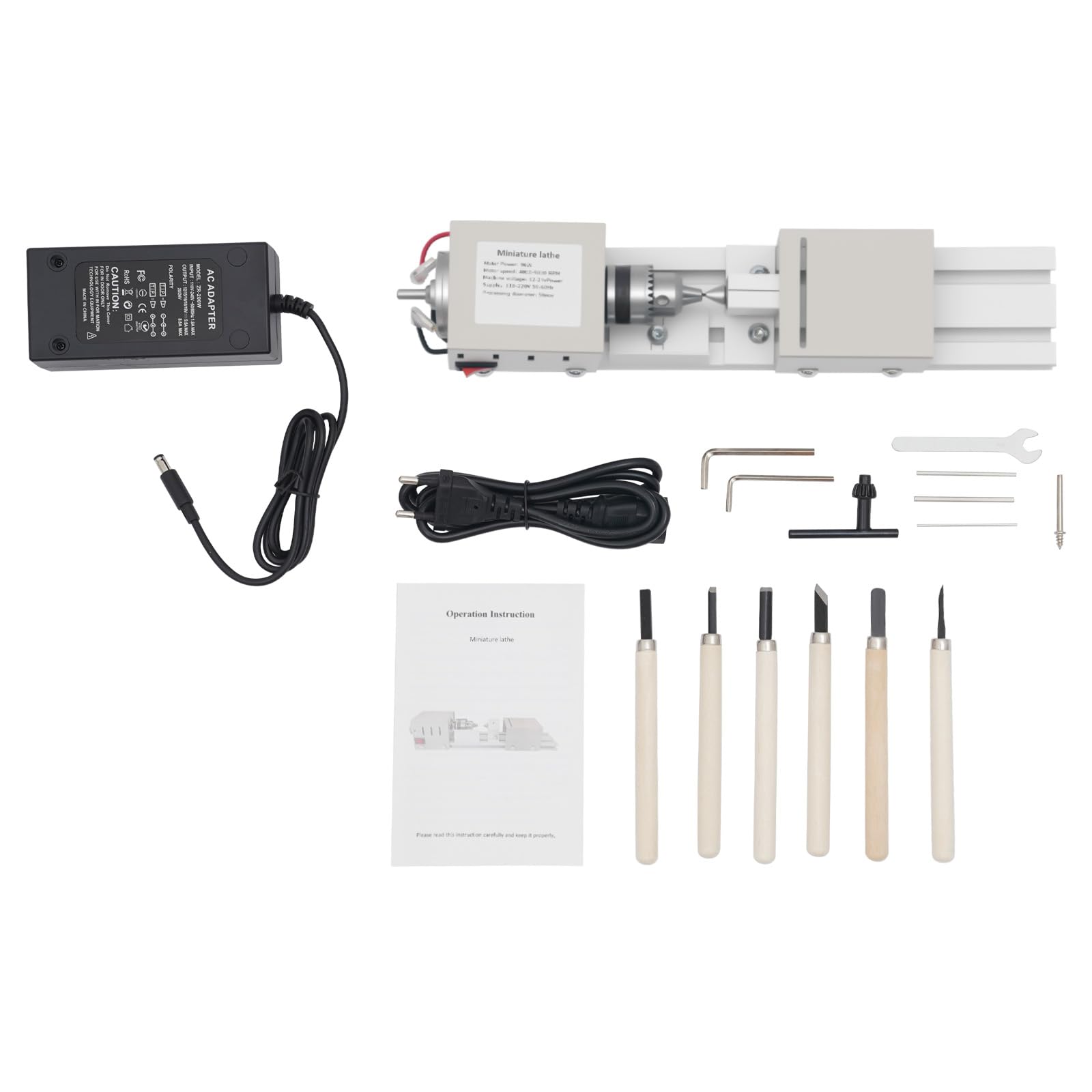 Mini Torno 96W, 9000–4000 U/min, Banco de Torneado de Mesa de 7 Velocidades con Mandíbula de Precisión, Torno Compacto para Madera, Perlas y Grabado, Incluye 6 Cuchillos de Talla y Accesorios