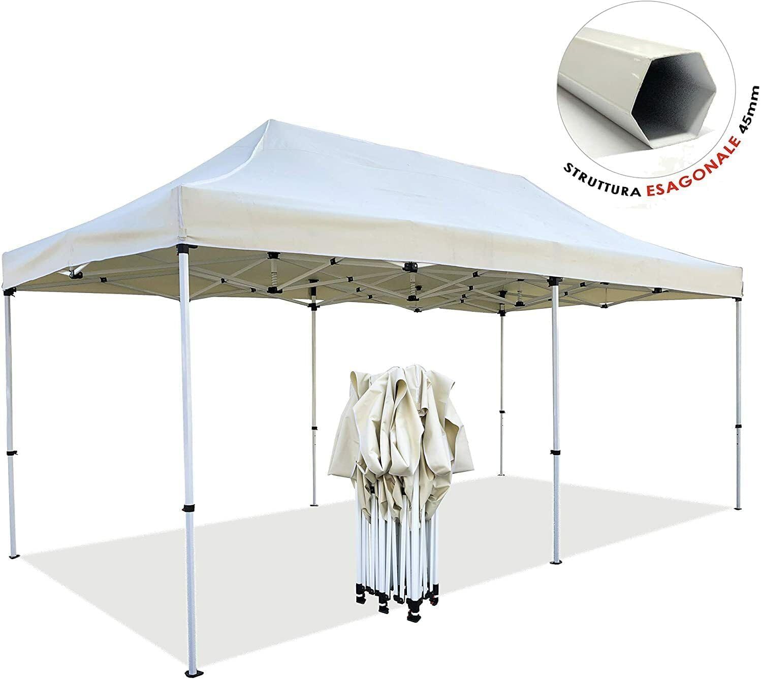 Gazebo Richiudibile Robusto Telescopico in Metallo a Fisarmonica 3x3, 4,5X3 e 6x3 mt Pieghevole Trasporto Telaio esagonale telo Beige trasportabile, da giardino e mercato (4,5x3)