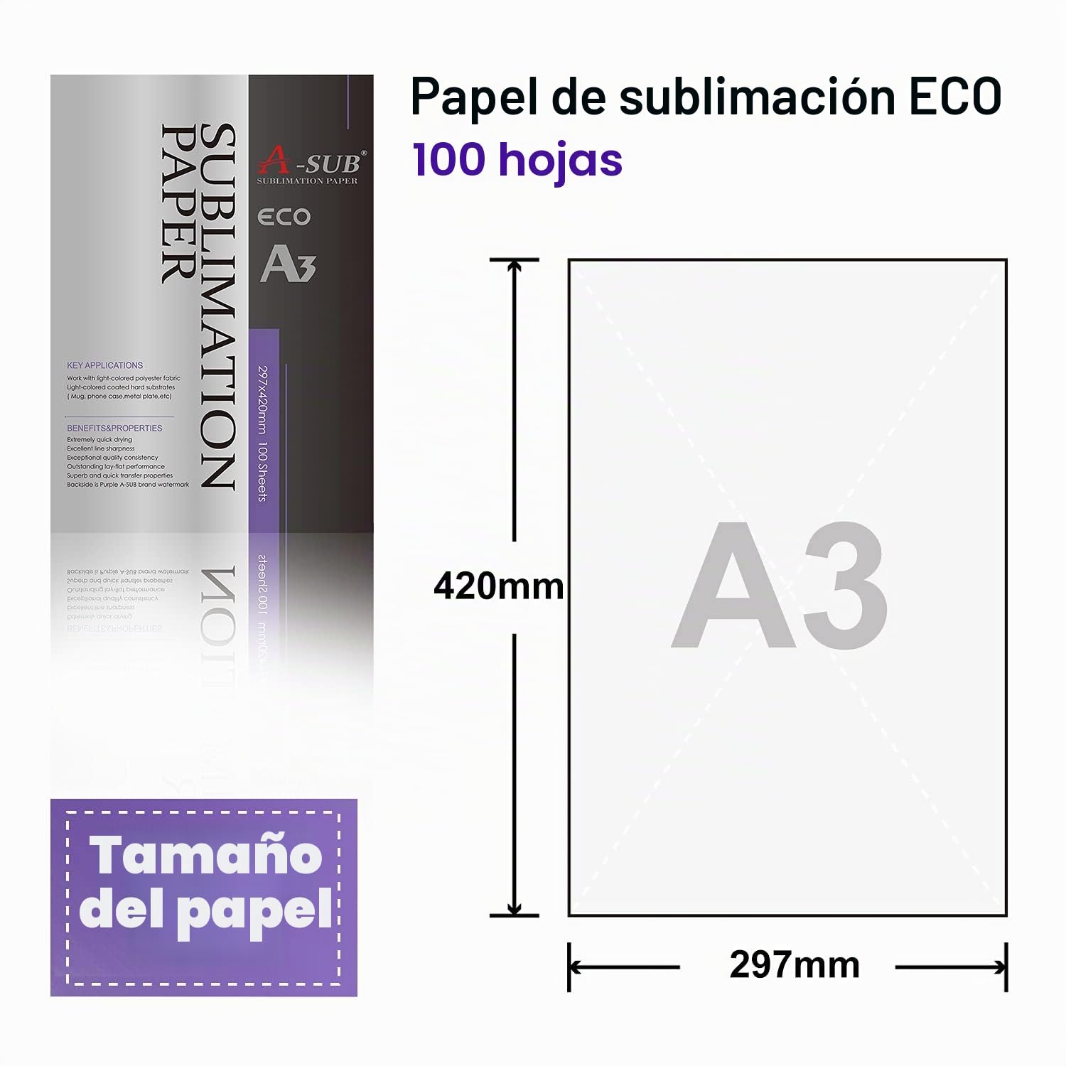 A-SUB Papel de sublimación A3, 297x420 mm, 100 hojas, Compatible con la Impresoras de Sublimación EPSON, SAWGRASS, RICOH, BROTHER