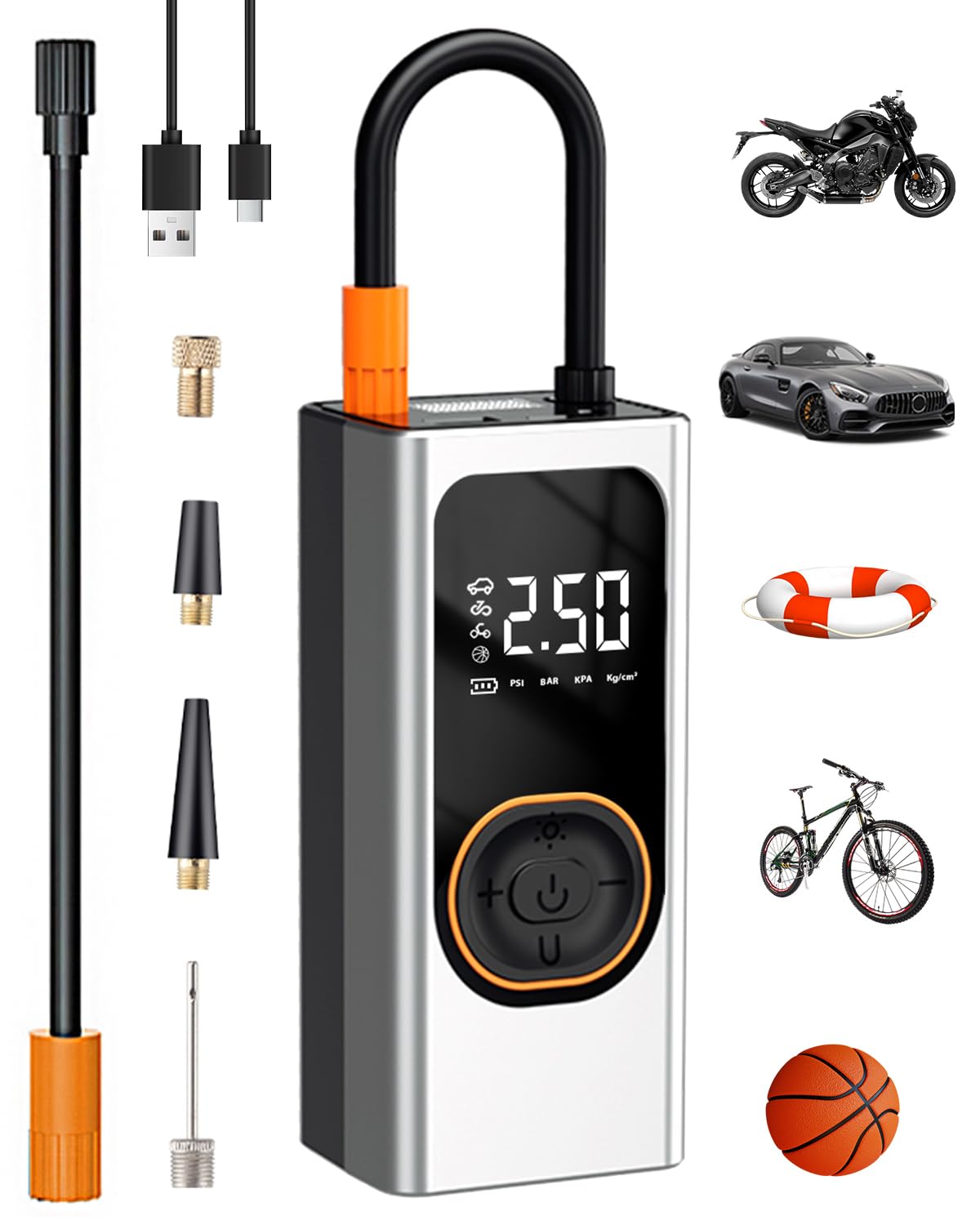 Compresor de Aire Portátil 6000mAh – Inflador Eléctrico 150 PSI Mini Bomba de Aire con Pantalla LCD Digital, Linterna LED, Power Bank y 4 Boquillas para Coches, Motos, Bicicletas Pelotas