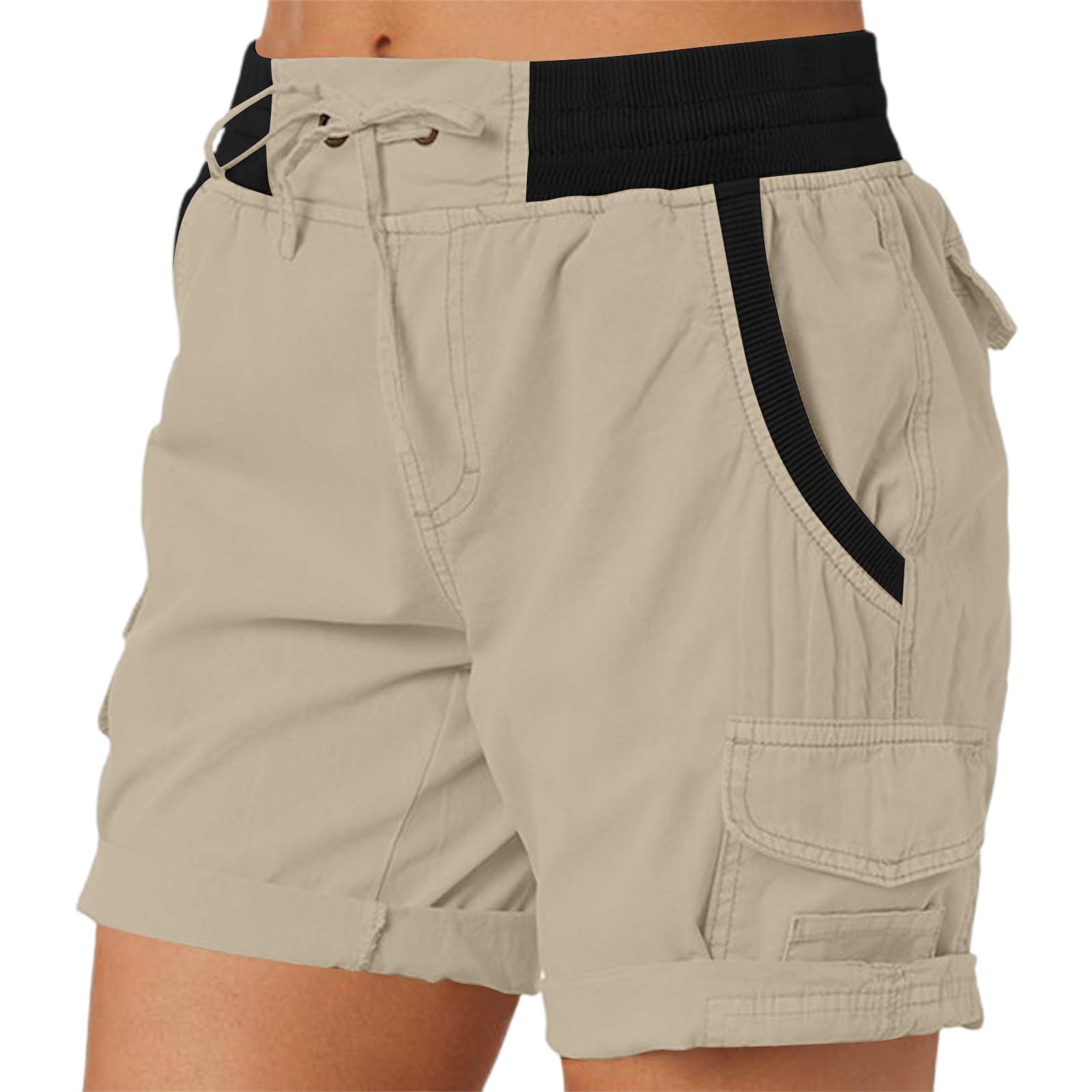 Womens Cargo Shorts Baggy Knee Length Elastic Waist Hiking Shorts Lightweight Breathable Drawstring Hot Short with Pockets Summer Casual Boyfriend Cargo Pants for Women Bermudas para Mujer Khaki