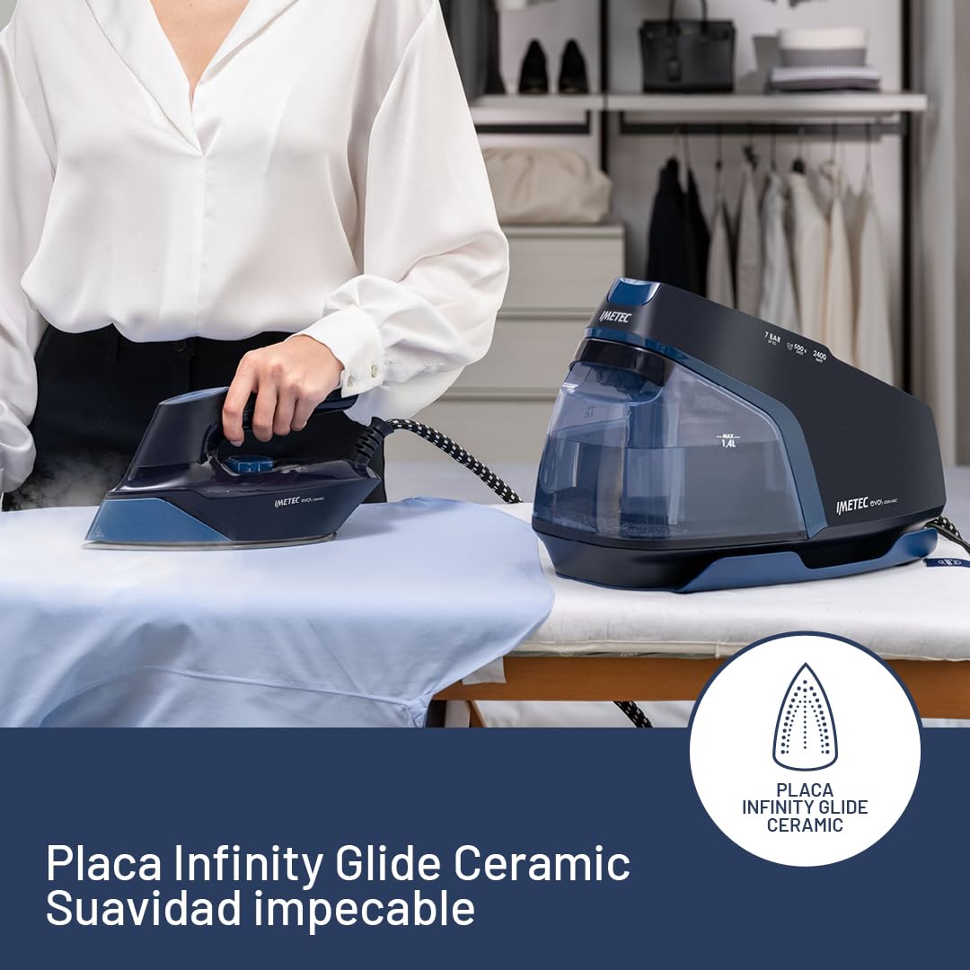 Imetec Evos Ceramic Plancha con Caldera, Presión de hasta 7 bares, Tecnología Flash Steam, Golpe de Vapor de 500 g, Placa Deslizante Infinity Glide Ceramic, 2400 W, Antical, Recarga continua