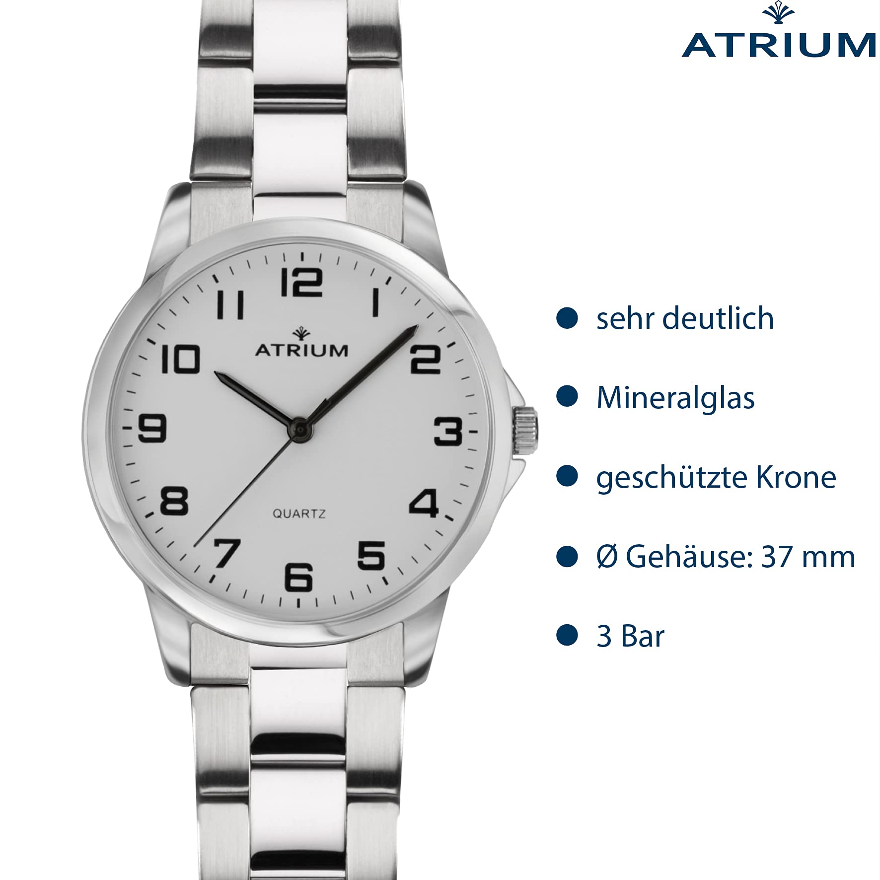 Atrium Orologio da polso da uomo molto chiaro al quarzo, 3 bar, cinturino in acciaio A36-30, argento, Bracciale