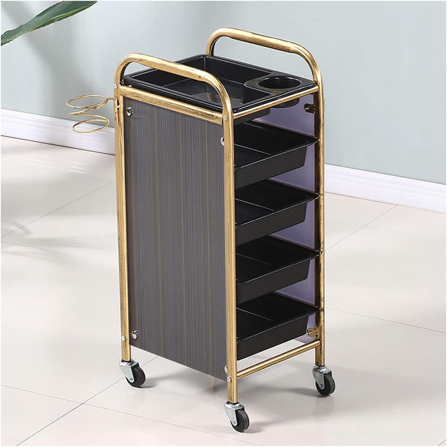 5Layer Vintage Style Rolling Carts with Rails and Hair Dryer Stand Design Multi