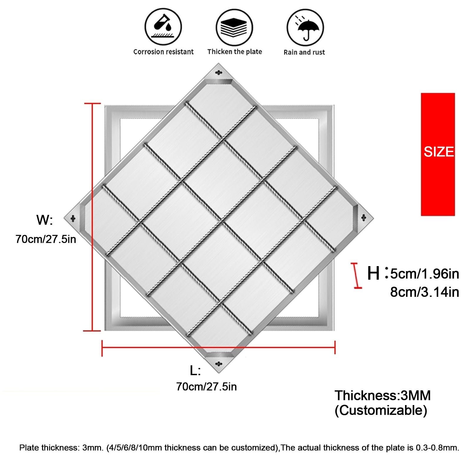 Copertura per pozzetti in acciaio inox, coperchio a scomparsa con cornice, con base, quadrato, per ispezione, invisibile, Copertura Pozzetto Coperchi Per Fosse Settiche(5cm,70 * 70cm/27.5 * 27.5in)