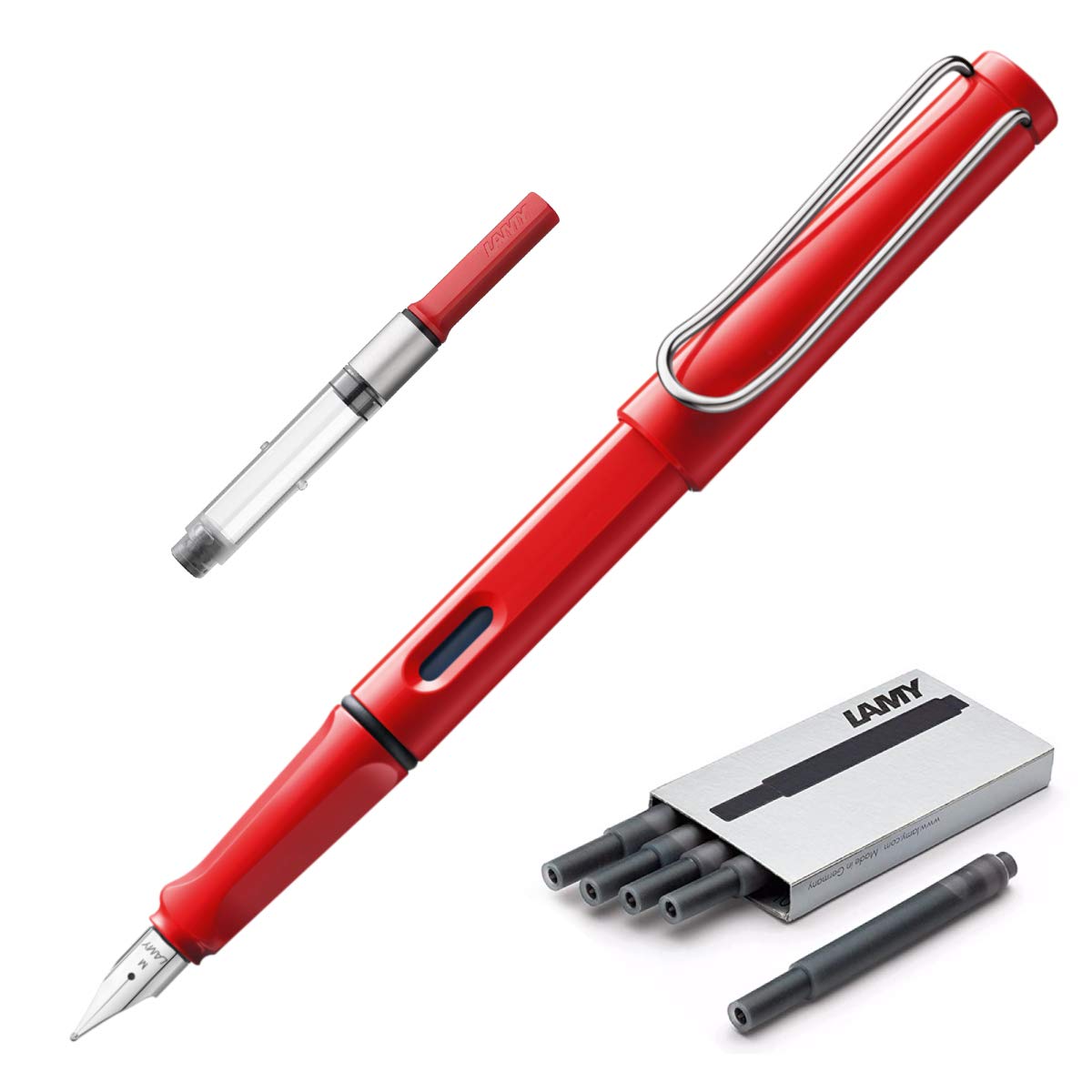 Lamy Safari | Red | Fine Nib | 5 Black Ink Cartridges, Z28 Converter and Wipe