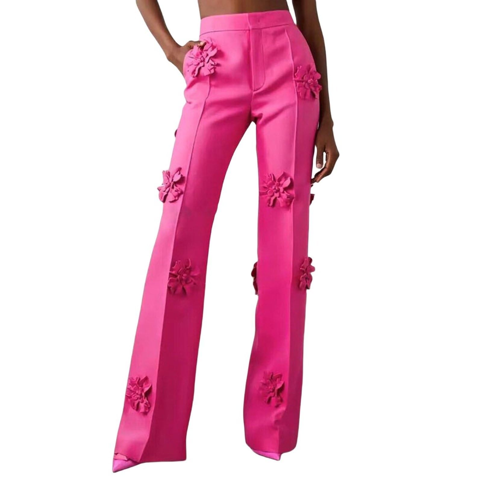 Womens Dress Pants Fashion 3D Flower High Waisted Bell Bottoms Pink Office Trousers Casual Work Slacks