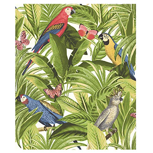 Blooming Wall - Papel pintado, diseño de palmeras tropicales, mariposas, pájaros, hojas verdes, 57 pies cuadrados/rollo