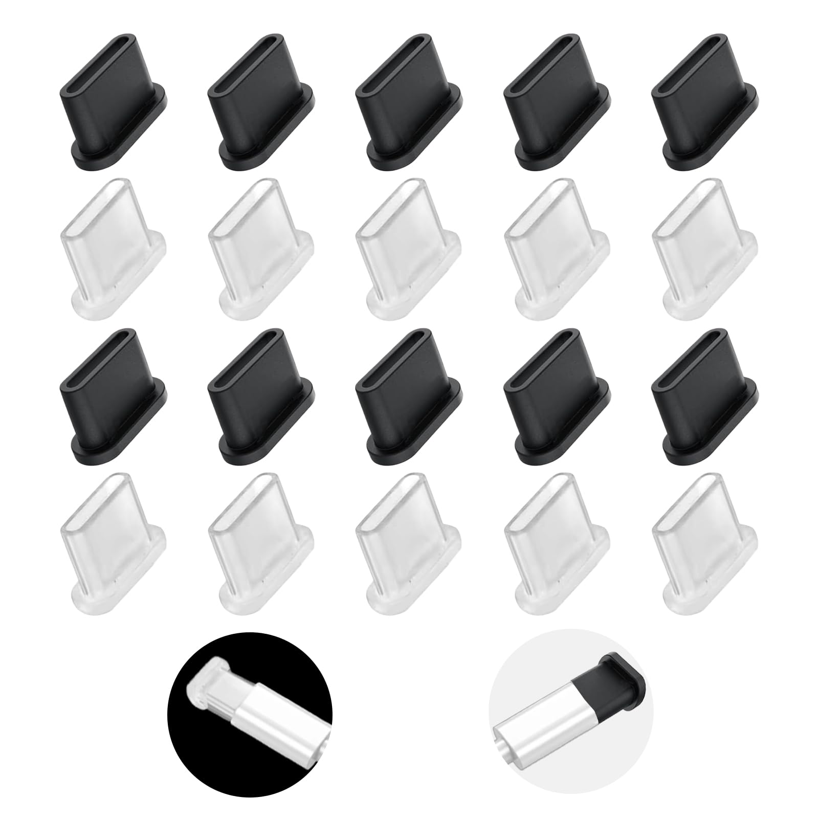 20 Stück USB-C Schutzkappe, Staubschutzkappe USB-C Stecker Kunststoff Staubdichte Abdeckung des Datenkabels, Staubschutz des Ladekabels, Abdeckkappen für USB Typ-C (Transparent+Schwarz)