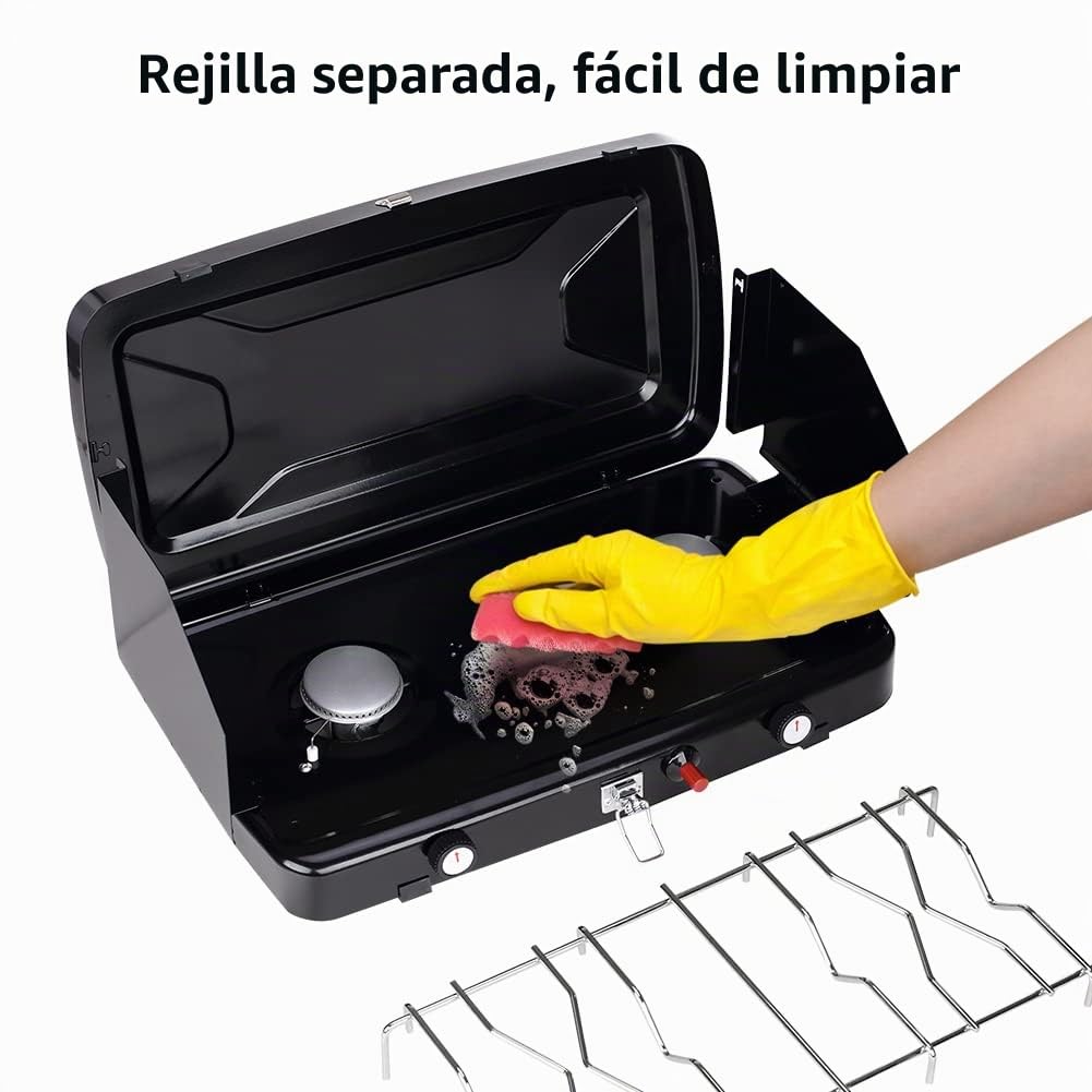 CAMPLUX Hornillo de Gas Portátil con 2 Fuegos, 2.400W, 50 mbar, GPL, para Camping, Protector Viento