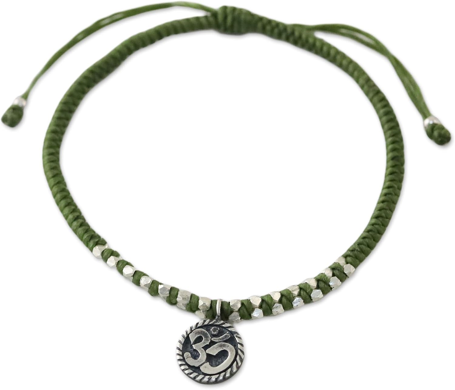 NOVICA Artisan Handmade Silver Charm Bracelet Om on Braided Green Cords Fine Thailand Thought Meditation Yoga Peace Inspirational [7 in L x 10.75 in W 3 mm W Charm(s) 0.5 in Diam.] '