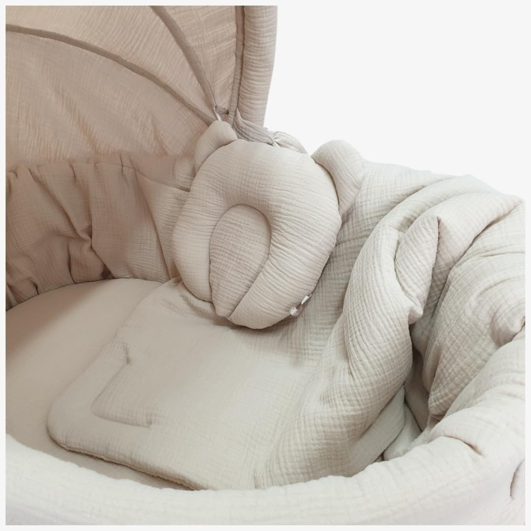 Wiklinopol Baby Bettwäsche Set 5-teilig Musselin Verdeck 110 cm Beige | Stubenwagen Bezug Set, Babybettwäsche aus 100% Baumwolle, Decke 70x80 cm, Kissen 25x30 cm, Spannbettlaken, Einlage Ø 260 cm