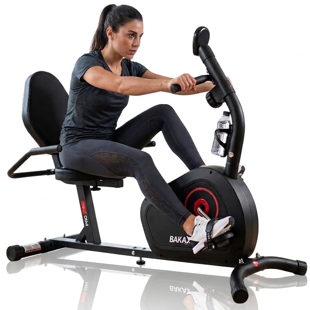 BAKAJI Cyclette Orizzontale da Casa con Schienale e Seduta Ergonomica per Esercizi Fitness, Bici da Seduta per Home Gym Palestra Allenamento Cardio, Bicicletta per Esercizi con 8 Livelli di Resistenza