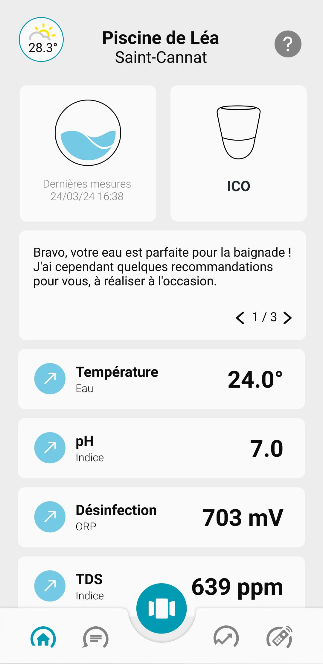 ICO Pool V2 Salt – Elektronischer Wasseranalysator für salzbehandelte Schwimmbäder – Stündliche Messungen von pH, ORP, TDS und Wassertemperatur – Beratung auf Ihrem Smartphone