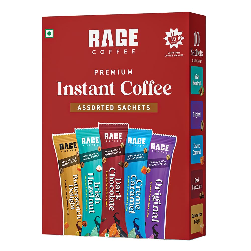 Rage Coffee Instant Freeze Dried Coffee Sachets (Pack of 10) - 5 Flavours (Irish Hazelnut, Cream Caramel, Dark Chocolate, Original, Butterscotch Delight) - 2g Single-Serve Arabica Coffee Sachets | Quick Hot & Cold Brew-image-23