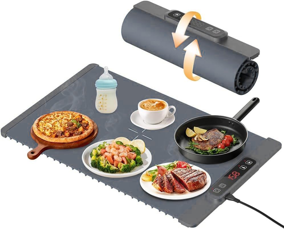 Ankila Portable Food Warmer Warming Mat, Electric Rollable Warming Tray for food with Real-Time Temp Display, 5 Temp Levels, Timer, Versatile Food Warmers for Parties, Buffets, Gatherings (Grey)