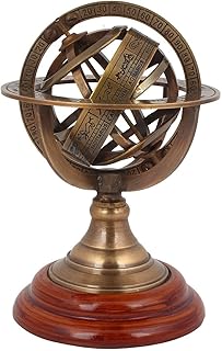 FYNJREX 5" Nautical Brass Armillary Sphere World Globe Astrolabe On Wooden Base Maritime Nautical Décor gift