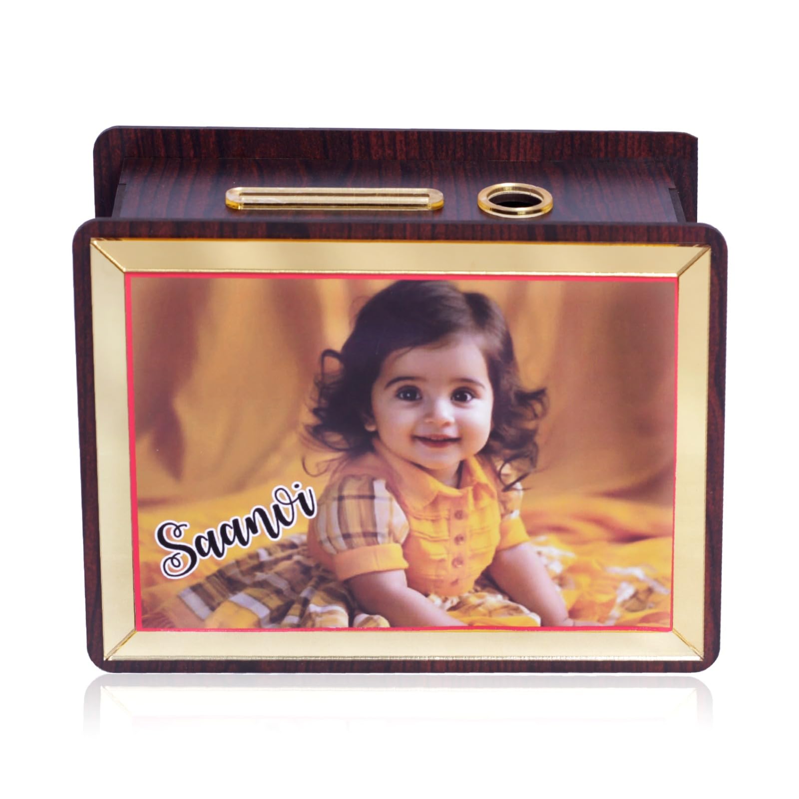 Saanvi Crafts Gifts Wooden Photo Money Bank Saving Box/Piggy Bank for Adults & Kids Perfect for Savings Challenges, Birthdays, and Gifts 20 x 15 cm, Brown and Gold (Customized)-image-6