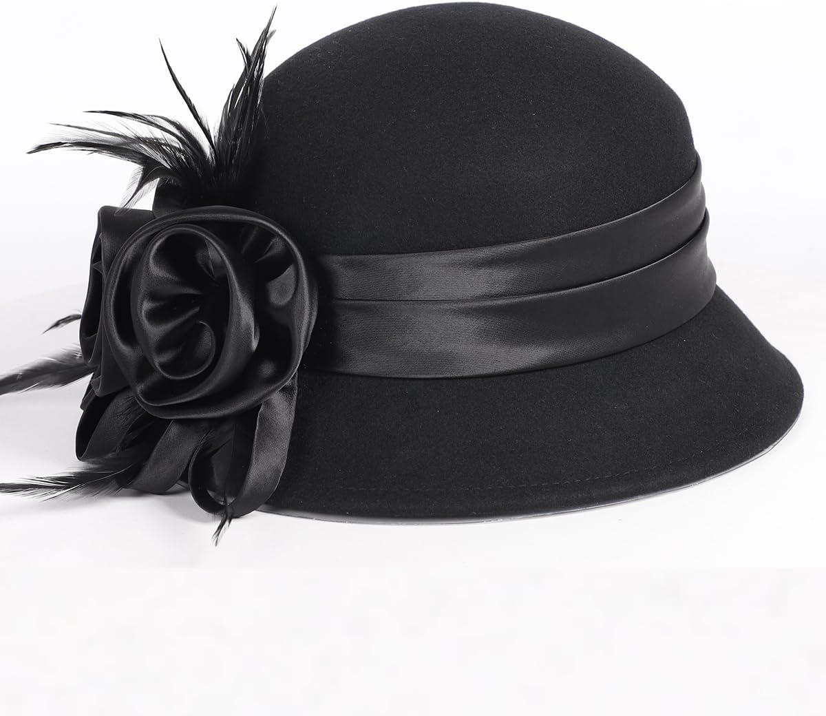 HIMESPORT Women's Black Wool Felt Cloche Hat with Flower Feather Formal Church Tea Party Dress Cocktail Bucket Hats