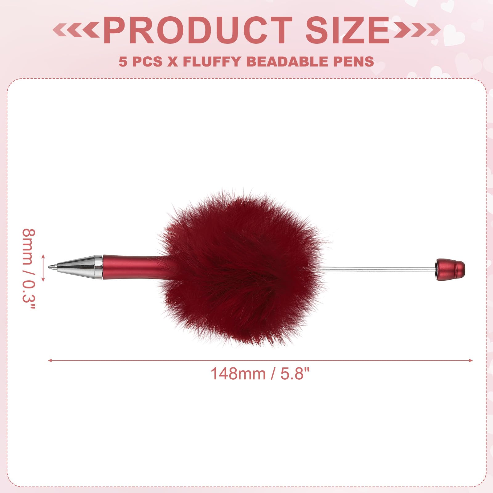 PATIKIL 5Pcs Fluffy Beadable Pens, Plush Fuzzy Plastic Bead Pen Bead Ballpoint for DIY Gift Writing Office Supplies Wine Red - Image 2