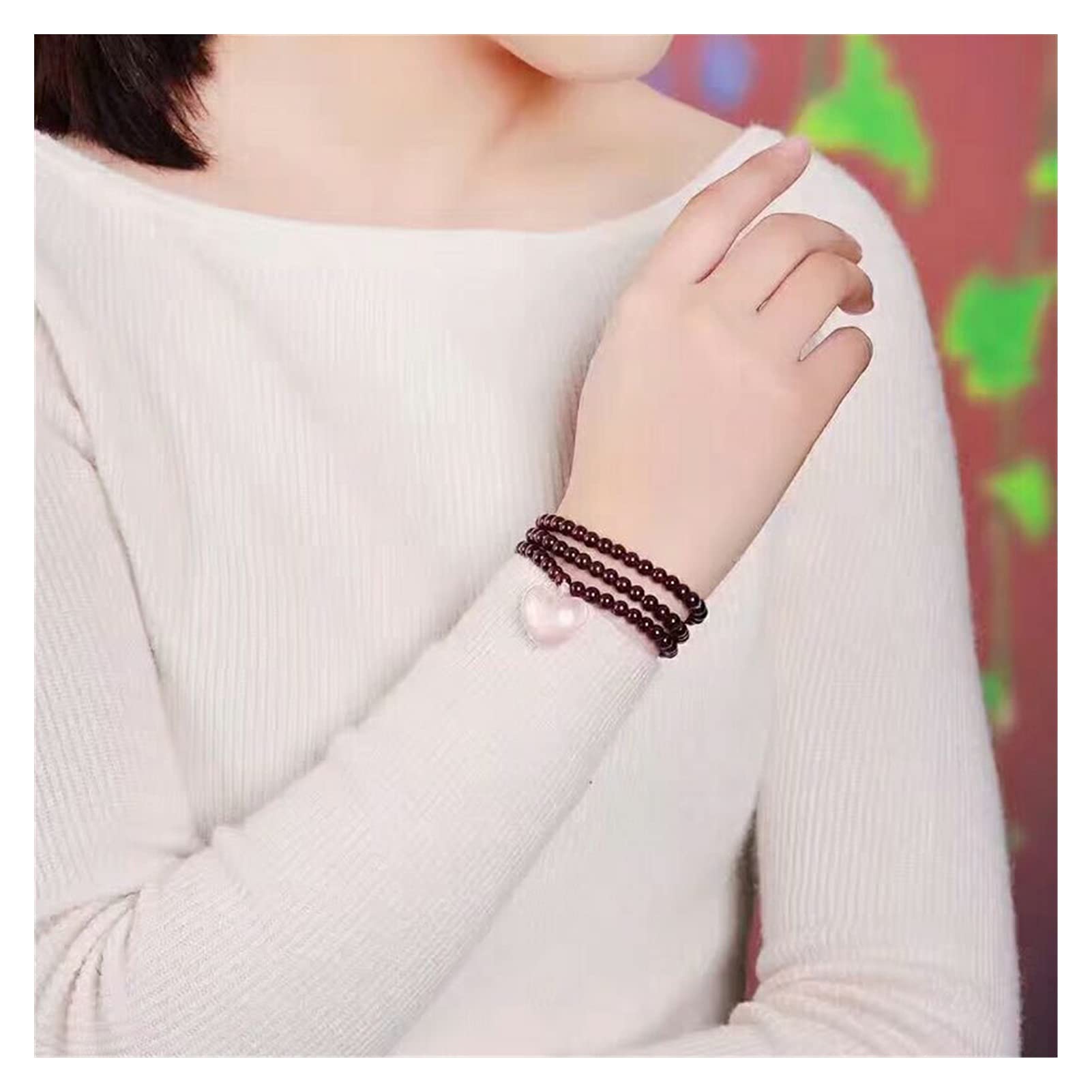 CCXXYGWJ Pulseras Pulseras Piedra Granate Natural Perla Roja Vino con Colgante de corazón Rosa Pulsera para Mujer Joyas Multicapa de Cristal