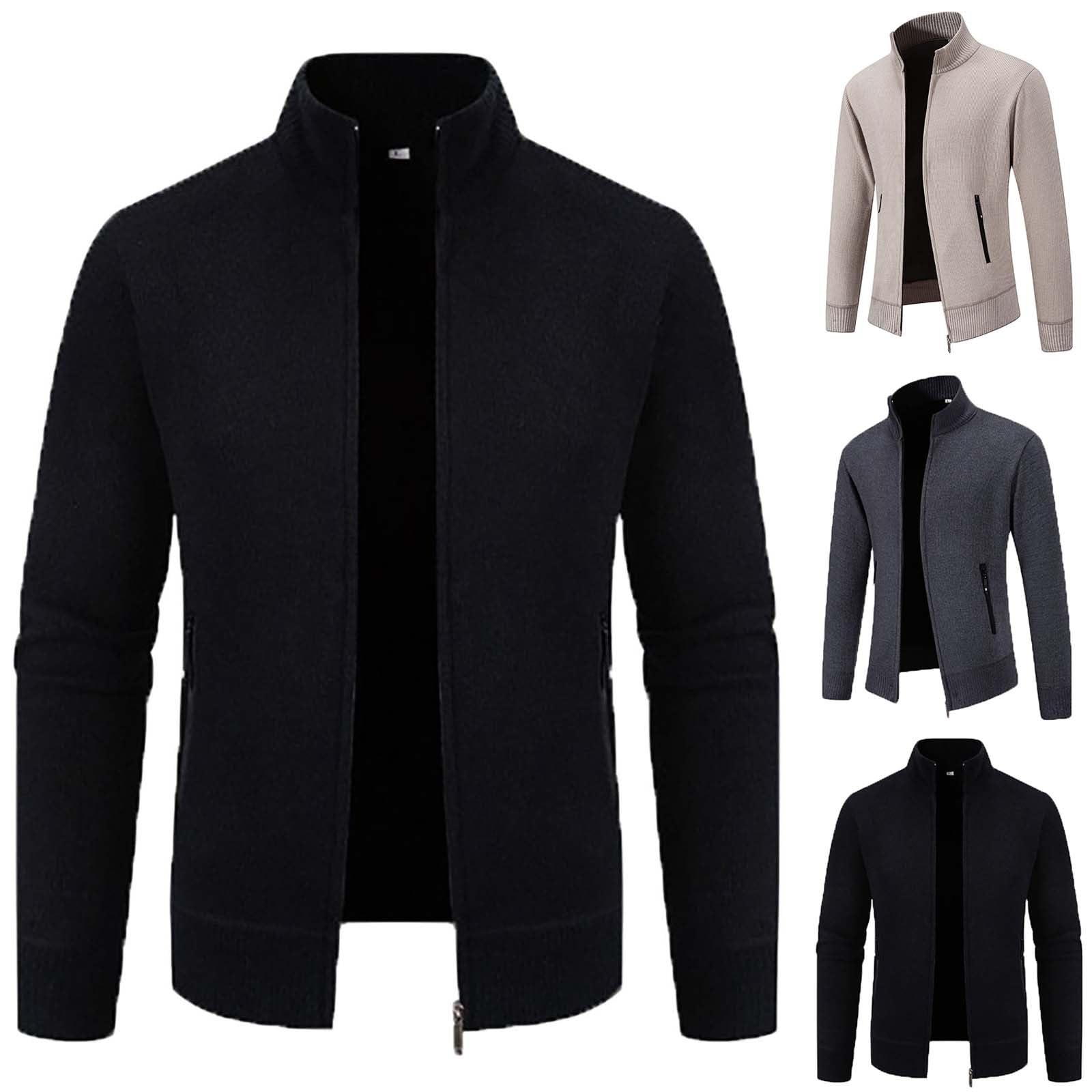Cardigan tricoté pour homme avec fermeture éclair sur toute la longueur et col montant - Pull chaud léger à manches longues - Veste d'extérieur décontractée avec poche zippée - Coupe ajustée - Couleur