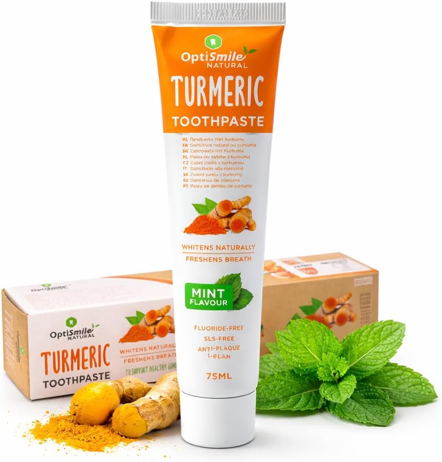 Turmeric Natural White Vegan Fluoride-Free SLS-Free Mint Flavor Anti-Plaque Toothpaste with Fresh Breath, 75 ml/2.53 Oz (Pack of 1)