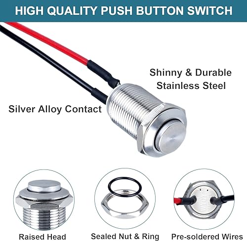 Miniatura 3 de DMWD 5 unids 0.472 in interruptor de botón de cierre de cabeza redonda alta con cable pre-soldado acero inoxidable 1NO 12V 24V 36V 110V 250V
