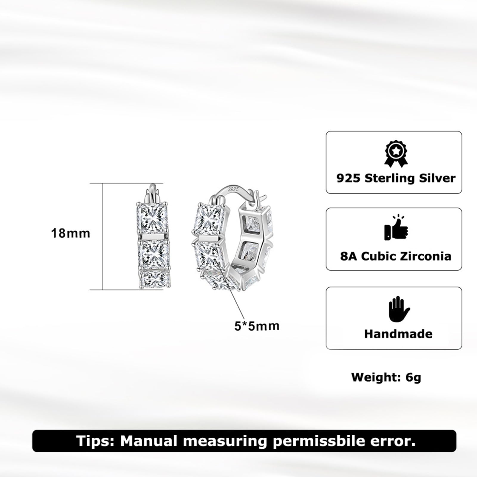 KnSam Damen Ohrringe S925 Sterling Silber, Hoop Creole Ohrringe Frauen mit Zirkonia Quadrat, Ohrstecker Klein Sterlingsilber für Damen, Silber