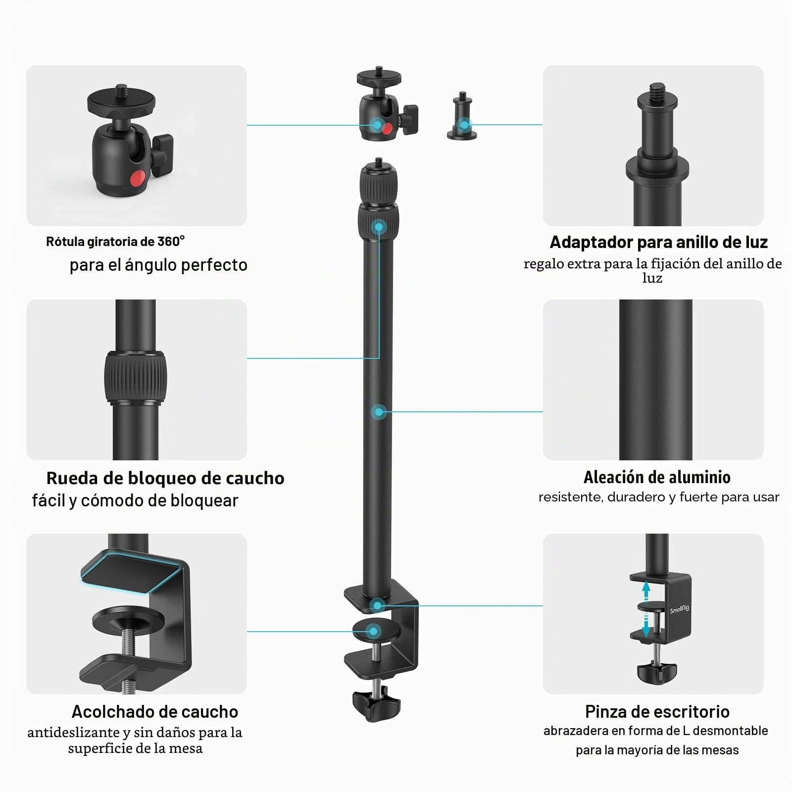 SMALLRIG Soporte Escritorio Extensible para Cámara, 15"-35" Ajustable con Cabezal Bola con Pinza en C, Compatible con DSLR, Anillos de Luz, Streaming y Grabación de Video - 3488