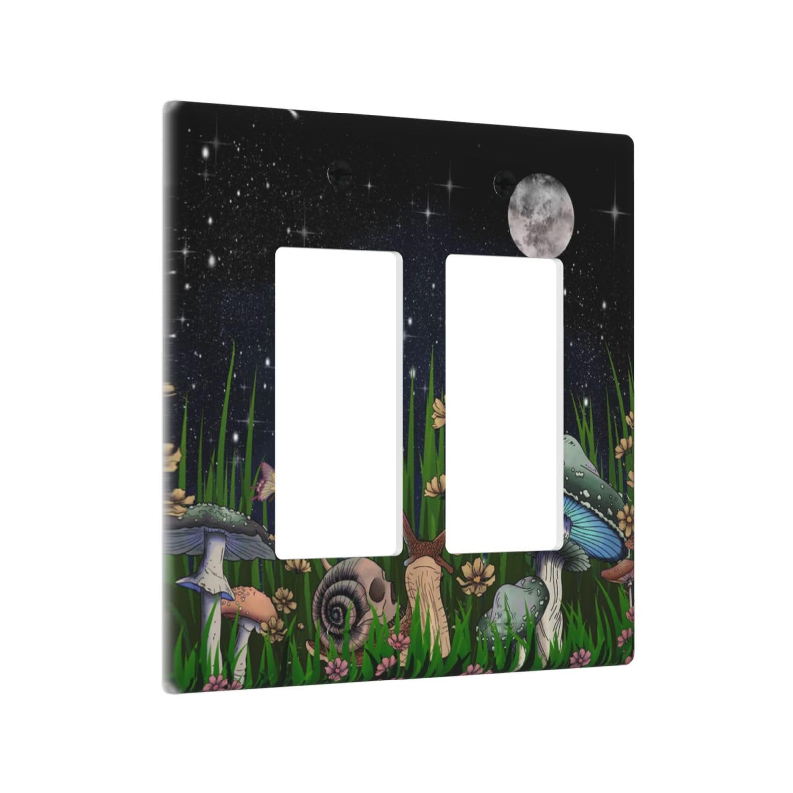Mushroom Plants Leaves Snails Moon Moonlight Forest Double Rocker Wall Plate 2 Gang Light Switch Cover Electrical Switch Plate Receptacle Decorative Outlet for Bathroom Bedroom