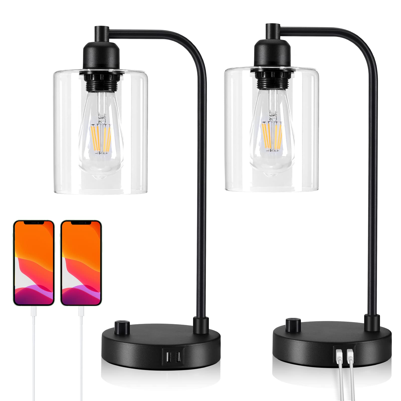 Yarra-Decor �Upgraded】 Industrial Bedside Table Lamp Set of 2 Fully Dimmable Lamps for Bedroom Modern USB Nightstand Lamp Set with Glass Shade Reading Table Lamps for Dorm, Office (LED Bulb Included)