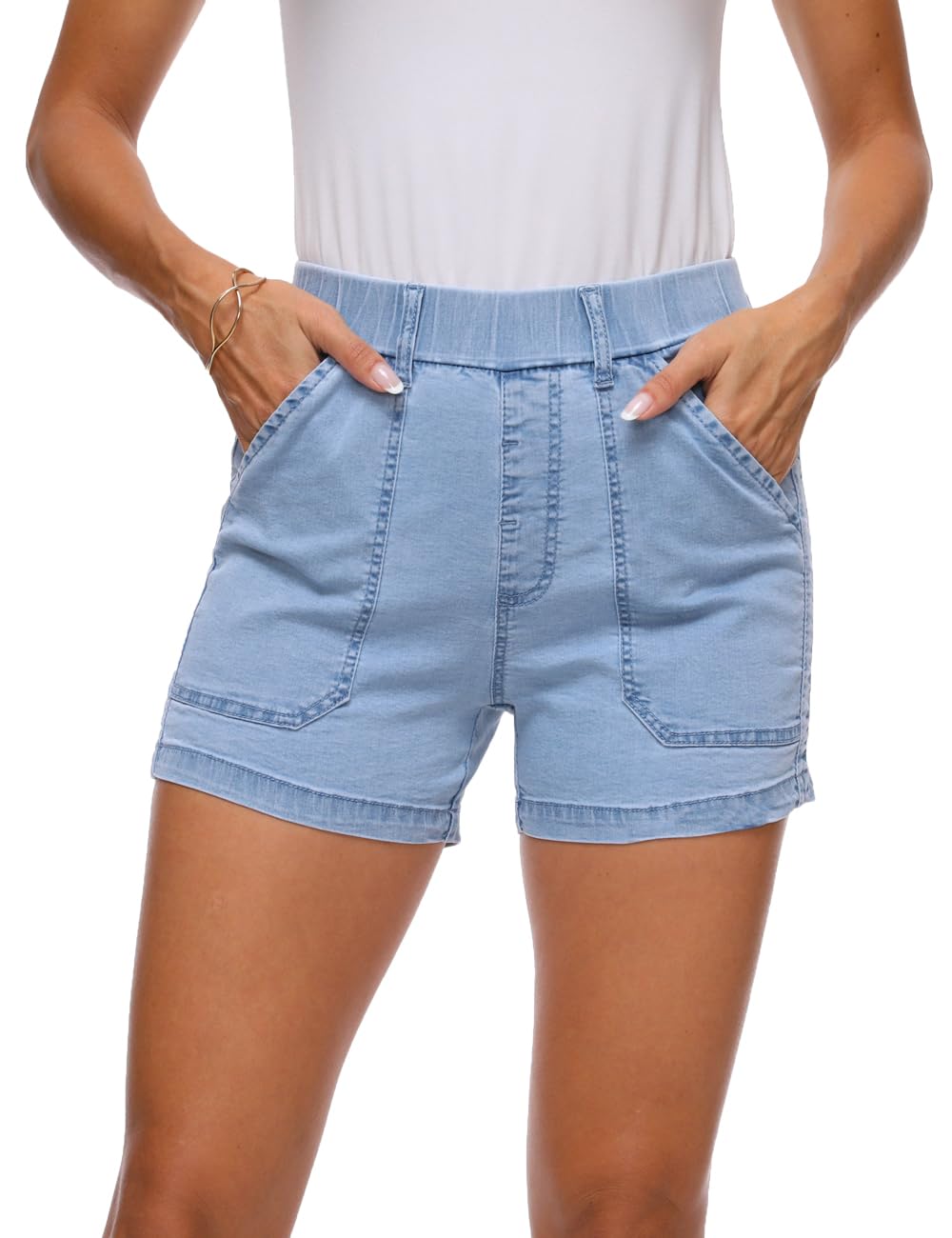 YOCUR Womens Lightweight Denim Shorts Casual Baggy Beach Outdoor Short Pants Elastic Waist High Waisted Pocket Workout Shorts