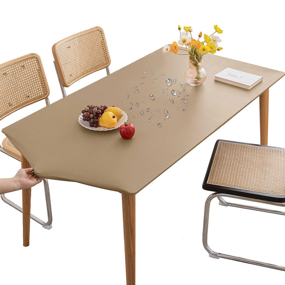 Mateju Rectangular Tablecloth, Rectangle Table Cloth with Elastic Edged Dust-Proof Waterproof PVC Tablecloths Stain Resistant Table Cover Table Decoration Outdoor Indoor (70x120cm,Khaki)