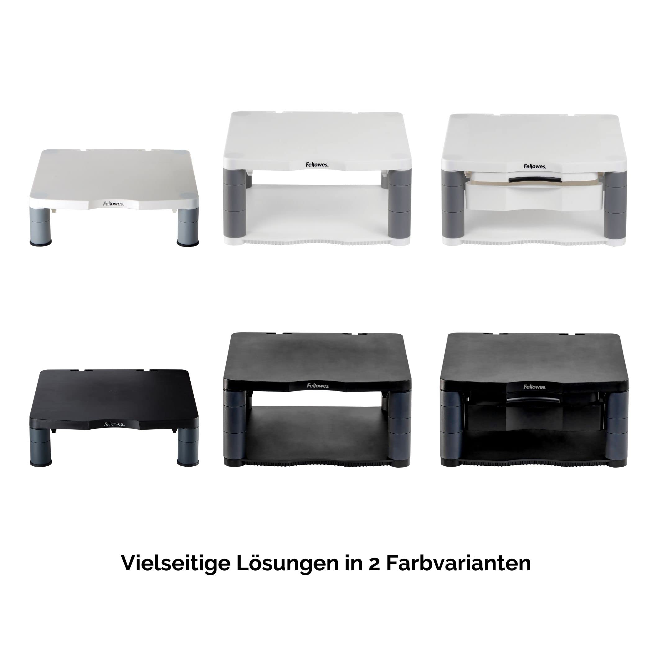 Fellowes Monitorständer Premium Plus, höhenverstellbar in 5 Stufen, ergonomisch, sehr stabil für Monitore bis 21 Zoll,, mit Schublade und Sichtfeld-Vorlagenhalter, weiß-grau