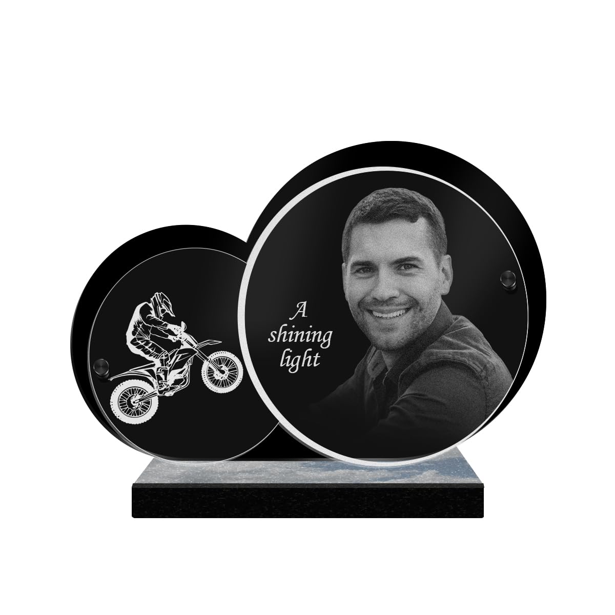 ETERNEL - Personalized Funeral Plaque Double Circle Moto Cross Customizable Photo and Text, laser-engraved funeral plaque for tribute, cemetery plaque, tombstone, funeral, funerals