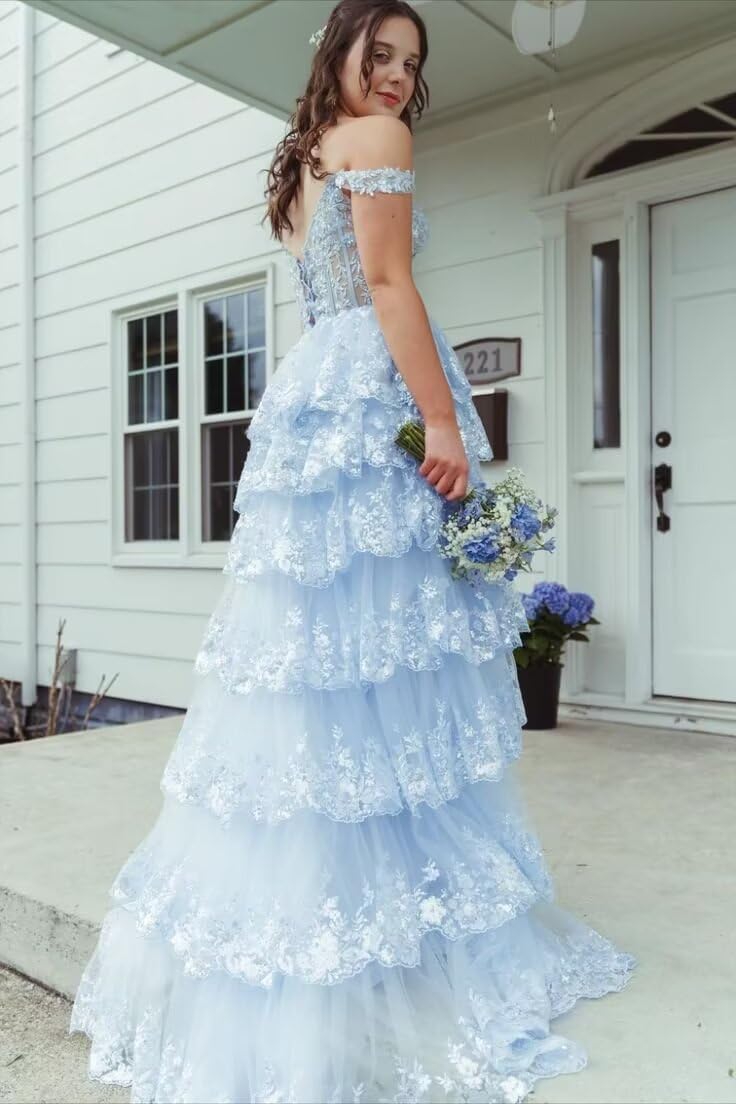 Off Shoulder Sequin Prom Dresses 2026 Tiered Lace Long Prom Dress for Teens Sparkly Formal Evening Gown with Slit